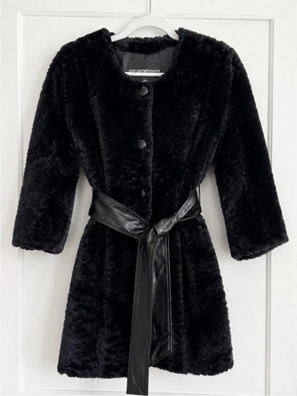 Emporio Armani Black Faux Fur Coat | Knee-Length | Luxury Designer | $950 Retail